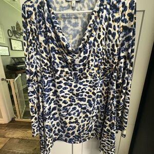 Chaus Blue and White Asymmetrical Tunic with Cowl Neck